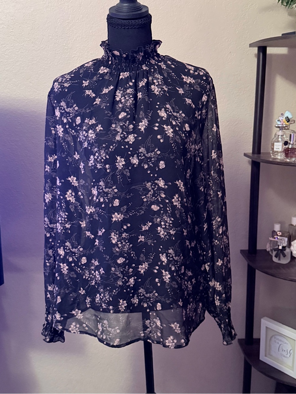 Forever 21 Black Sheer Blouse with Pink Floral Print